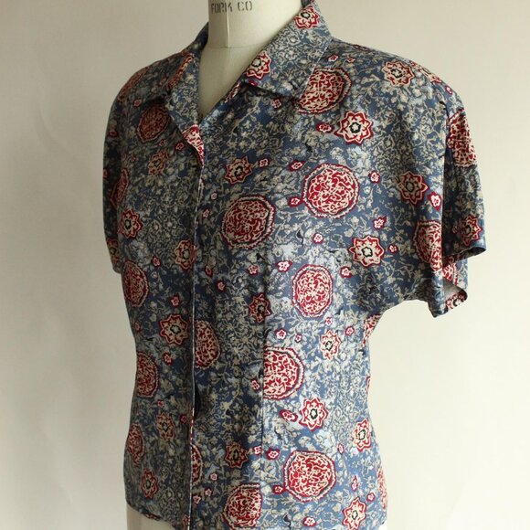 Vintage 1990s 2000s Silk Blouse, First Edition by Liz Claiborne Blue Red and Tan - Picture 7 of 10